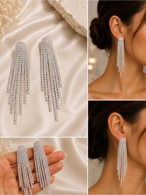 Rhinestone Crystal Tassel Drop Earrings | Sparkly Statement Earrings